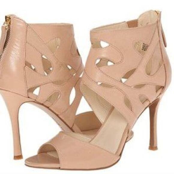 Nine West 6 Cream Natural Leather Fabeyana Ankle Wrap Peep Toe Heels Cut Out - Picture 15 of 15